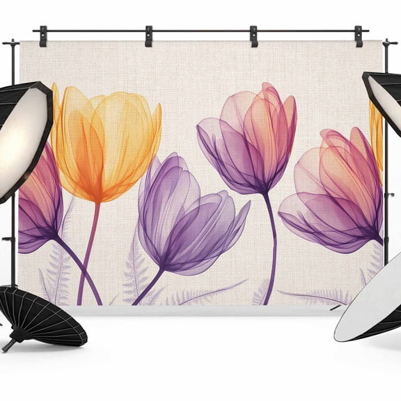 Elegant Tulips Backdrop for Photography,Fabric Photo Background Backdrop,Spring Orange Purple Flowers Pastoral Photo Booth Background for Portrait Photoshoot Video Wedding Studio Decor Banner 7x5ft