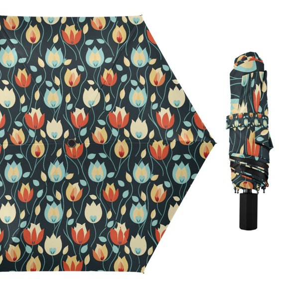 Elegant Tulips Flower Compact Sun Umbrella Windproof Travel Umbrellas for Rain Strong Portable UV Protection