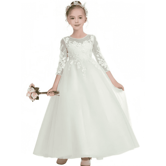 Elegant Tulle Flower Girl Dress A Line Applique First Communion Dresses with Sleeves Pageant Princess Party Gowns Ivory(8-9Years)