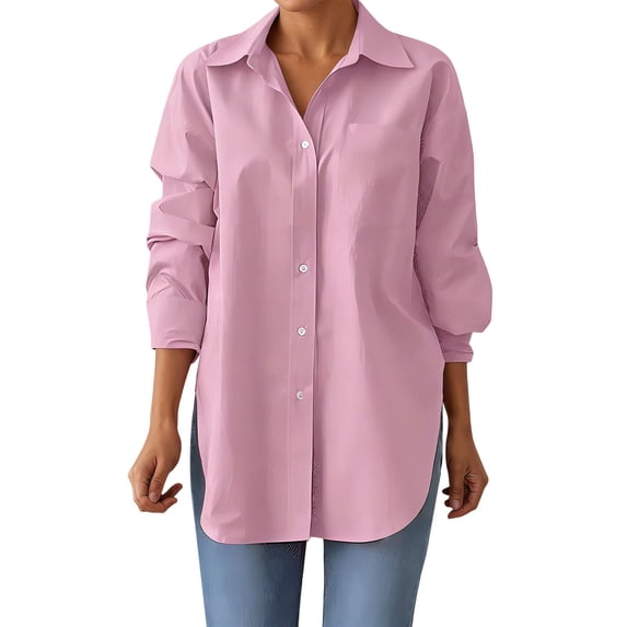 Elegant Turn Down Collar Long Sleeve Blouse for Women Solid Color Split Hem Oversized Casual Work Shirt Pink XXL