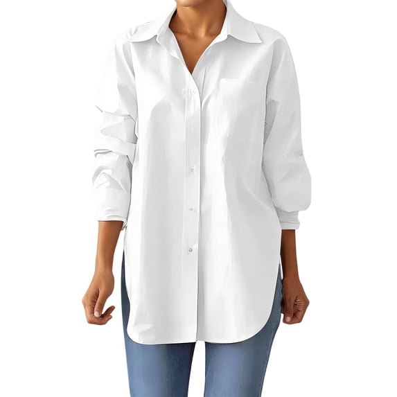 Elegant Turn Down Collar Long Sleeve Blouse for Women Solid Color Split Hem Oversized Casual Work Shirt White L