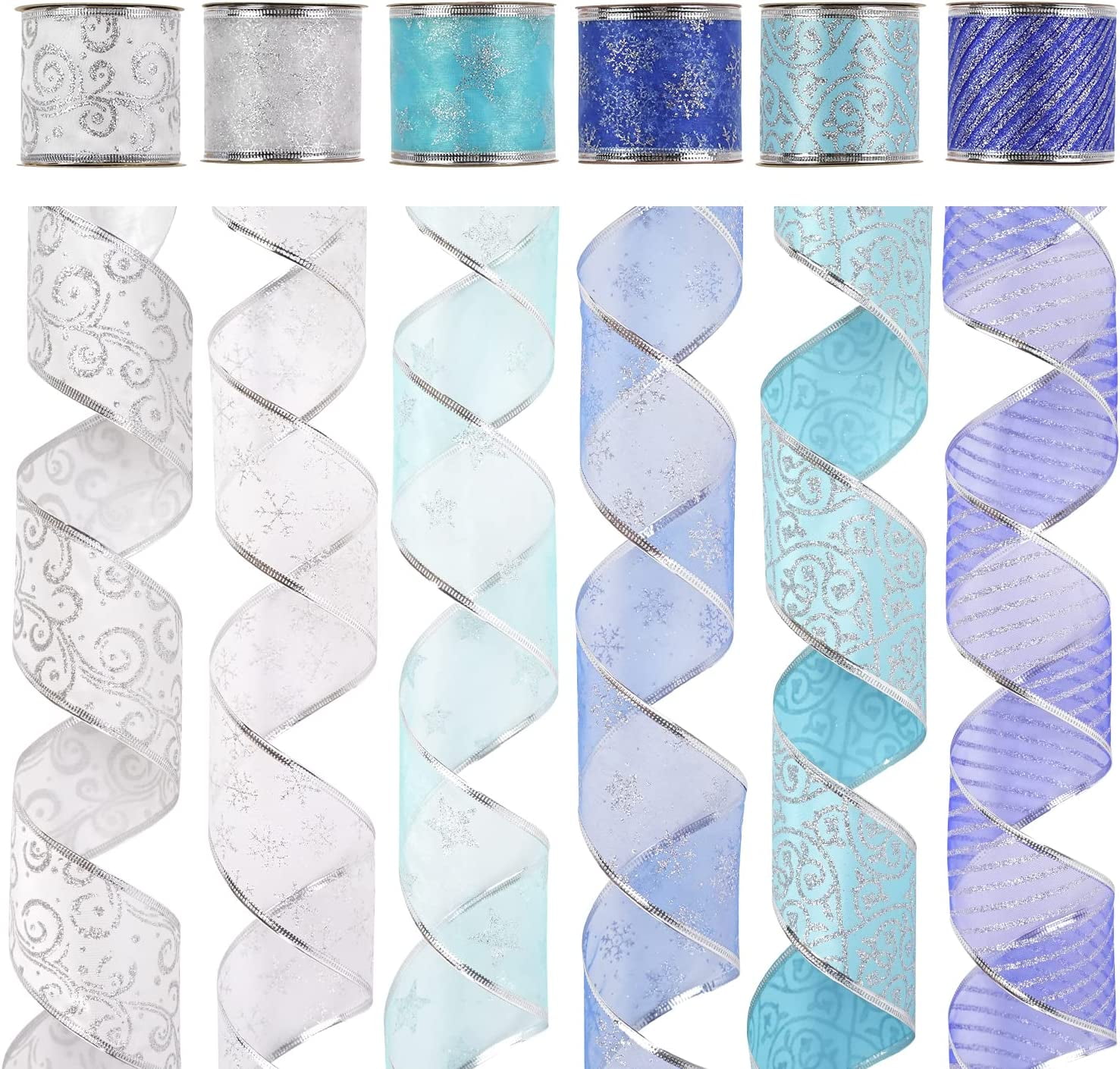 Elegant Turquoise and Silver Christmas Ribbon Wired 2.5" Ice Blue