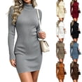 thumbnail image 1 of Elegant Turtleneck Knit Dress for Women Long Sleeve Bodycon Sweater Dress Rib Knit Mini Length Fitted Casual Going Out Fall Winter, 1 of 5