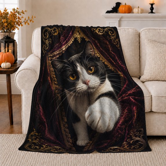 Elegant Tuxedo Cat Portrait, Mystical Pet Portrait Pattern, Warm Flannel Blanket for Living Room and Bedroom with Detailed Artwork, Cat Lovers autumn celebration Gift, Pet Lover Home Decor