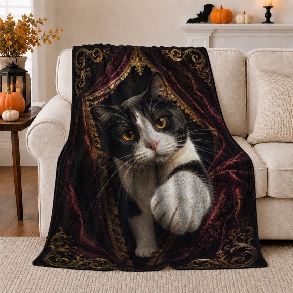 Elegant Tuxedo Cat Portrait, Mystical Pet Portrait Pattern, Warm Flannel Blanket for Living Room and Bedroom with Detailed Artwork, Cat Lovers autumn celebration Gift, Pet Lover Home Decor