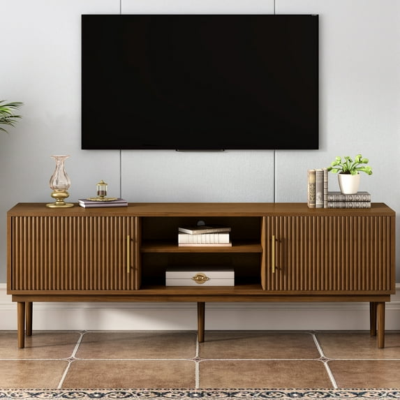 Elegant Tv Console With Vertical Striped Doors & Sliding Feature. Solid Wood Legs. Brown . Suits 70 - 79 Inch Tvs. Versatile Fashionable Stand And Space Sliding. Legs For Durability. Accommodates