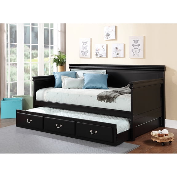 Elegant Twin Daybed In Black With A Panel Design And Roll-out Trundle For Chic Bedroom Raised Trim Molding Decorative Functional