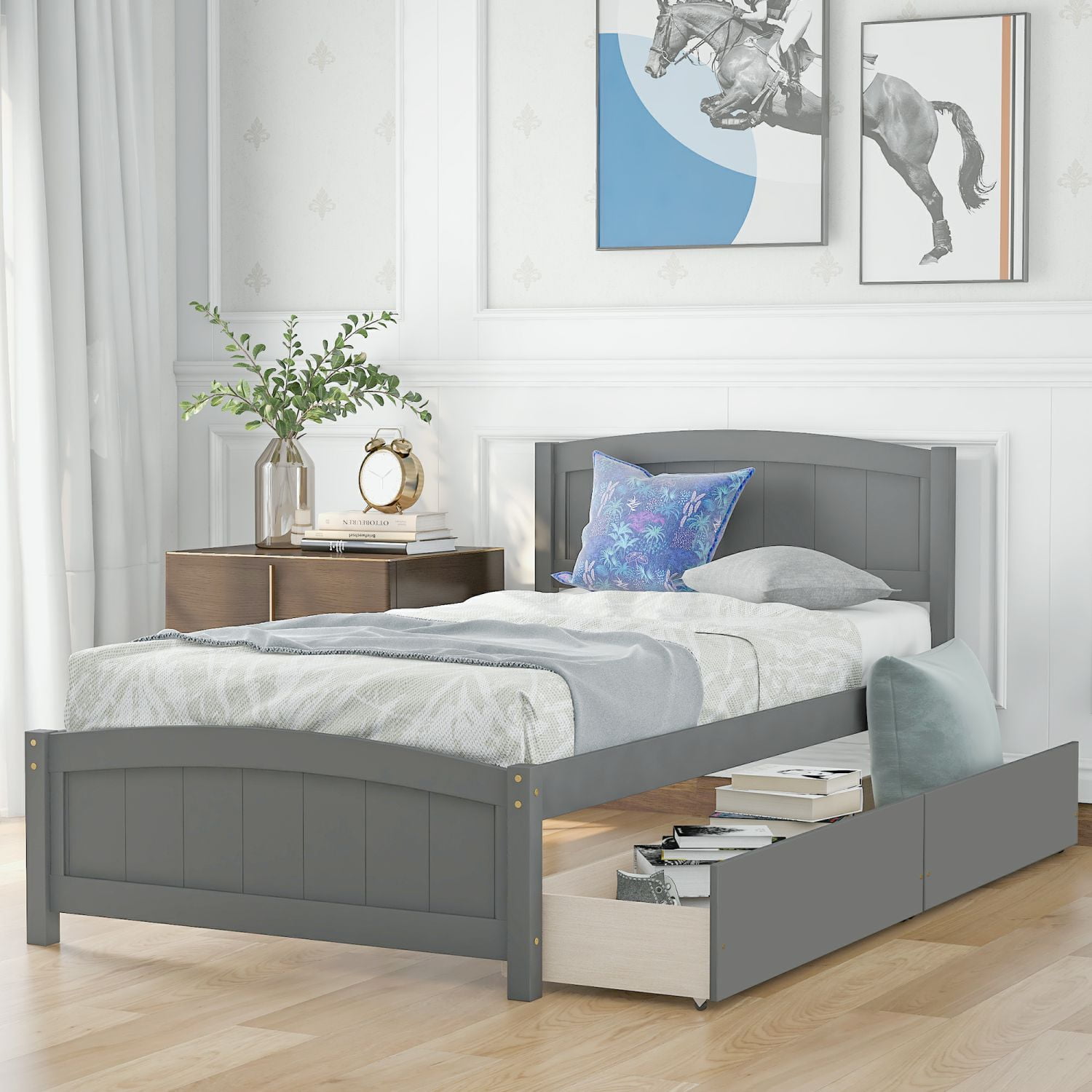 Elegant Twin Size Platform Bed with Two Drawers, Solid Elegant Twin Size Platform Bed with Two Drawers, Solid