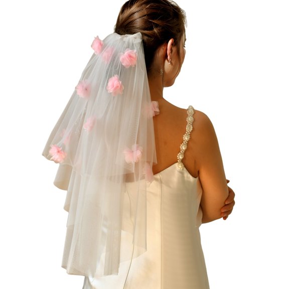 Elegant Two Layer Tulle Veils Accessory In Light Pink Flower Design For Summer Weddings