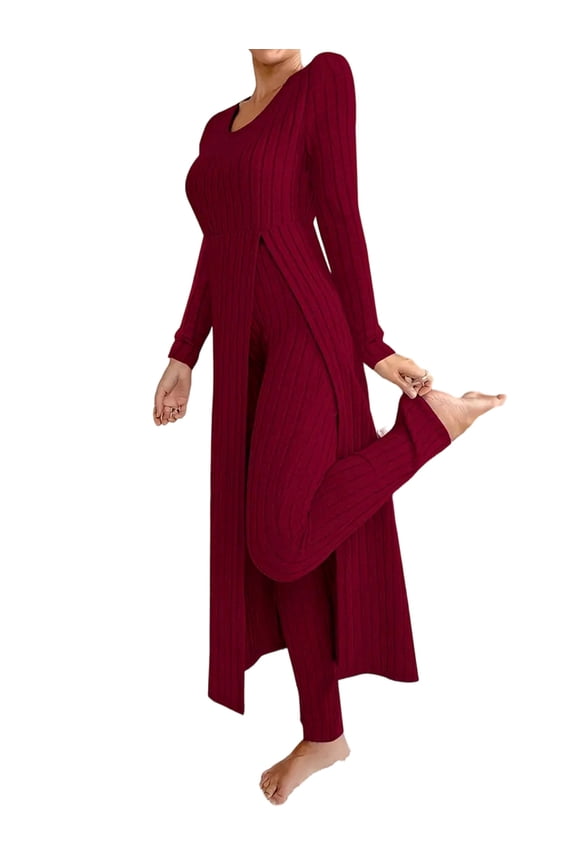 Elegant Two-Piece Knit Sets for Women: Fall Trendy Casual Long Sleeve Round Neck Soft Ribbed Knit Red S