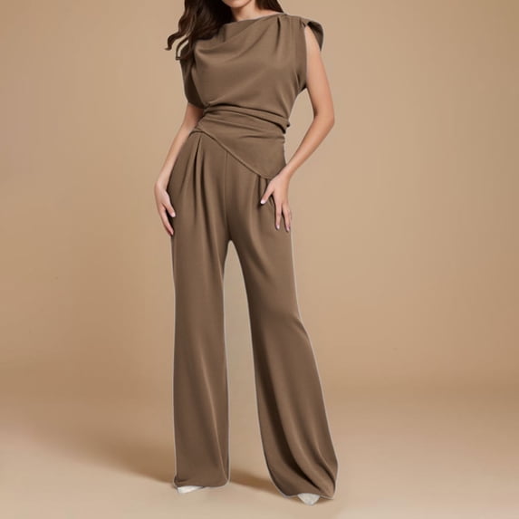 Elegant Two Piece Set Travel Outfit for Women Wrinkle Free Formal Outfits (Coffee M)