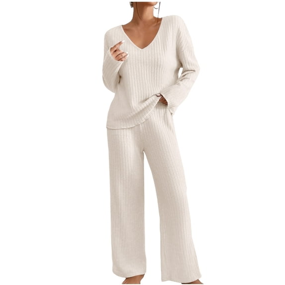 Elegant Two Piece Sets for Women New Lounge Sets for Women 2 Piece Ribbed Knit Long Sleeve Wide Leg Pants Loungewear Pajamas Fall Winter Outfits Beige M
