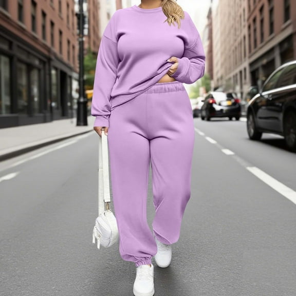 Elegant Two Piece Sets for Women New Plus Size 2 Piece Sets for Curvy Women Fall Long Sleeve Sweatshirt Casual Wide Leg Pants Sets Sweatsuits Purple XL
