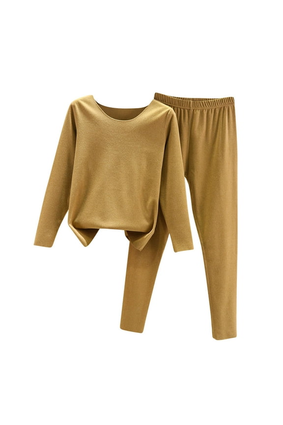 Elegant Two Piece Sets for Women New Womens 2 Piece Pajamas Sets Crew Neck Long Sleeve Tops and Long Pant Winter Warm Casual Loungewear Outfits Khaki XL