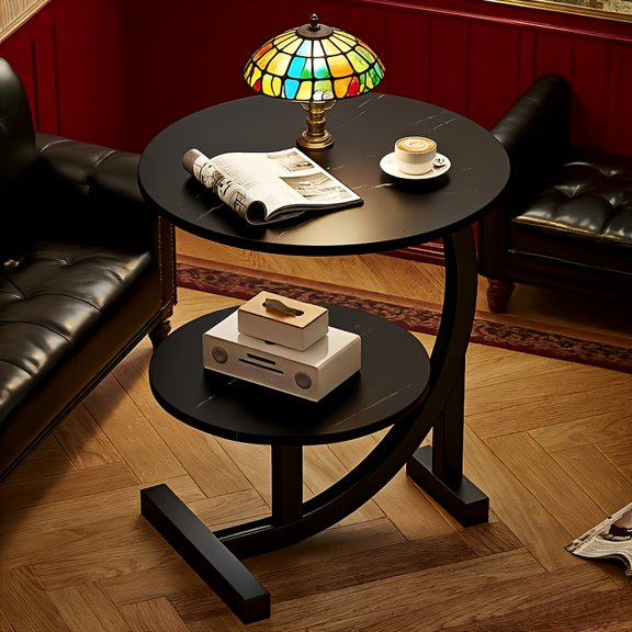 Elegant Two-Tier Side Table with Marble-Like Finish and Floral Pattern, Perfect for Living Room, Bedroom, or Kitchen Use as an Accent Table