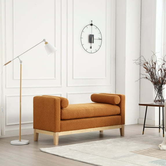 Elegant Upholstered Bench with Wooden Legs, End of Bed Ottoman with Round Bolster Pillows for Bedroom, Living Room and Entryway, 53.5", Caramel