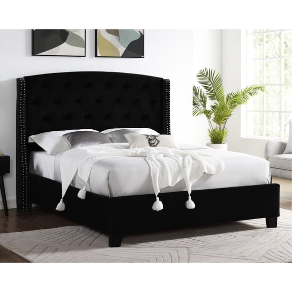 Elegant Upholstered Button Tufting Bed With Nailhead Trim And Black Strength Chic Tufting, Stillness