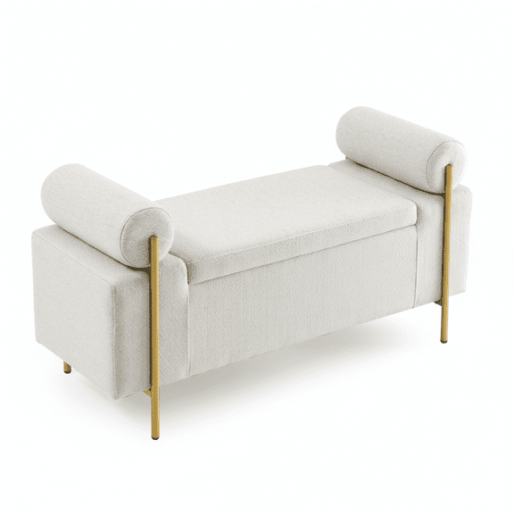Elegant Upholstered Linen Storage Ottoman Bench with Cylindrical Arms and Iron Legs, Beige