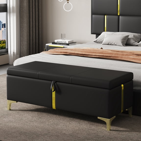 Elegant Upholstered Storage Ottoman - Metal Legs Bench for Bedroom/Living Room, Black (Fully Assembled Except Legs)
