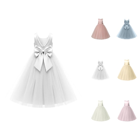 Elegant V-Back Satin Dress for Girls, Formal Flower Girl Gown for Wedding Birthday Party, Toddler Communion Dress with Bow Sash