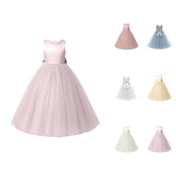 Elegant V-Back Satin Dress for Girls, Formal Flower Girl Gown for Wedding Birthday Party, Toddler Communion Dress with Bow Sash