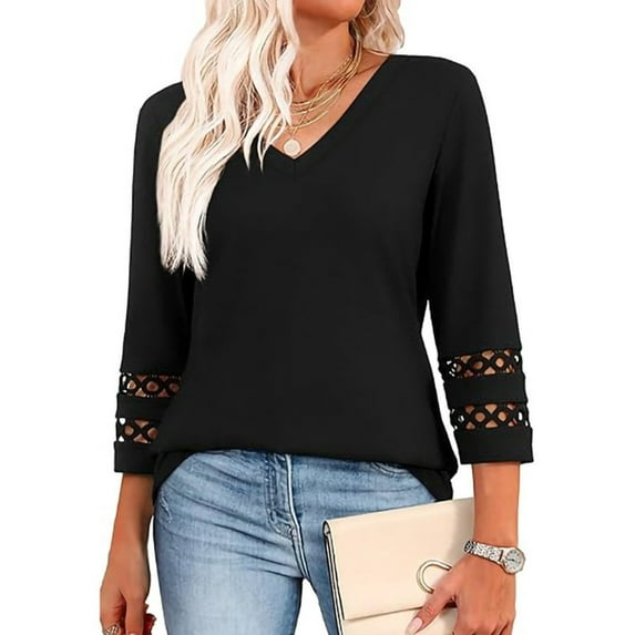 Elegant V Neck 3/4 Length Tops Breathable Spandex Blouse Trendy Lace Design