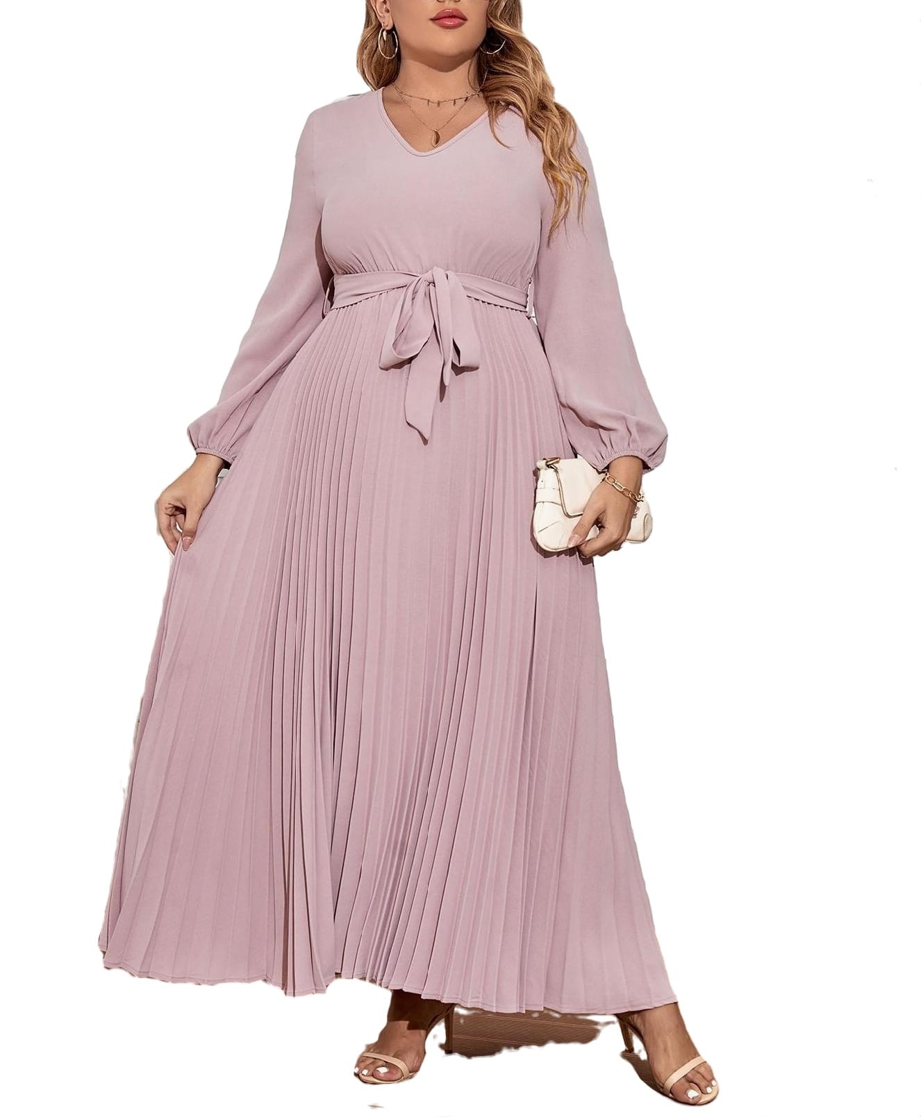Women Plus Size Elegant V Neck Long-sleeve Pink Dress