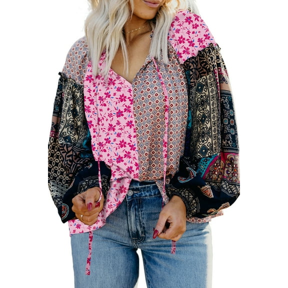 Elegant V Neck Long Sleeve Blouse with Geometric and Floral Print - Perfect for Fall | [ZhiHiMeRi] | M