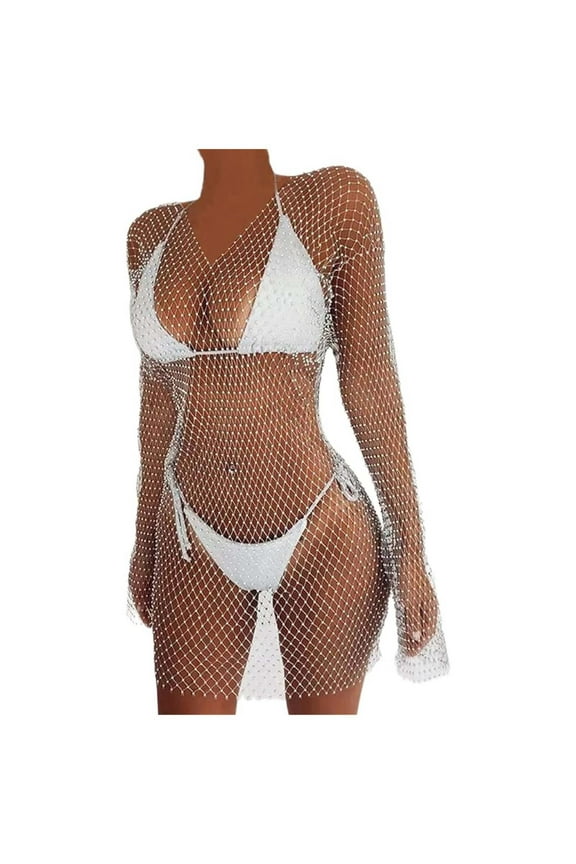 Elegant V Neck Long Sleeve Mesh Cover Up Women's Sparkling Rhinestone Fishnet See Through Party Dress For Beachwear Women Swim Cover up Shorts Toddler Bathing Suit Cover up for Girls Romper Swimsuit