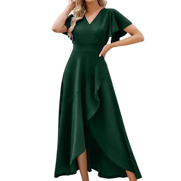 Elegant V Neck Pleated Dress Women Stylish Evening Gown Wedding Guest Formal Event Partywear Flowy Midi Dress