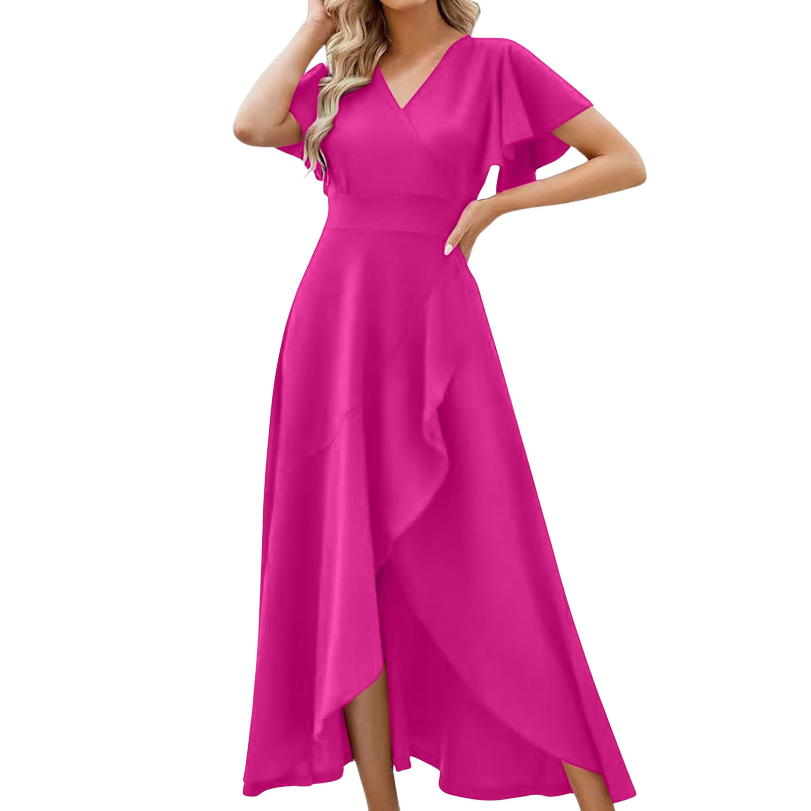Elegant V Neck Pleated Dress Women Stylish Evening Gown Wedding Guest ...
