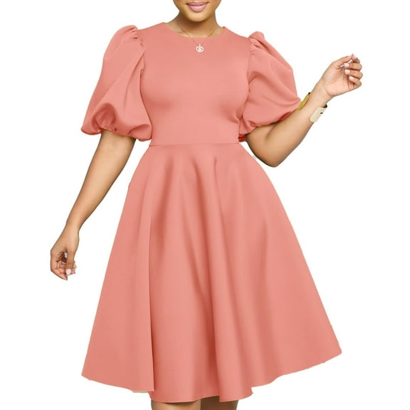 Elegant V Neck Pleated Midi Dress Balloon SleeveLong Summer Dresses for Women