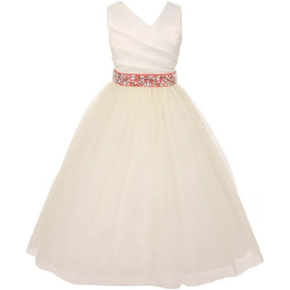 Elegant V Neck Rhinestone Belt Big Girl Flower Girls Dresses Ivory Coral 10