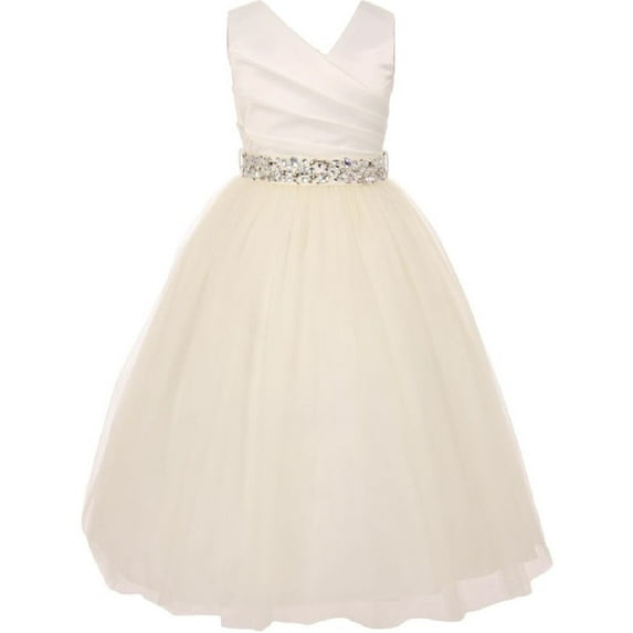Elegant V Neck Rhinestone Belt Big Girl Flower Girls Dresses Ivory Ivory 12