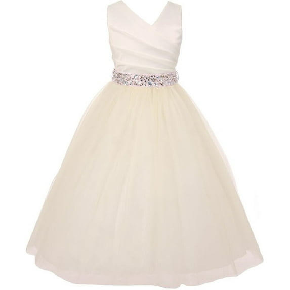 Elegant V Neck Rhinestone Belt Big Girl Flower Girls Dresses Ivory Pink 12