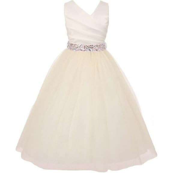 Elegant V Neck Rhinestone Belt Big Girl Flower Girls Dresses Ivory Pink 8