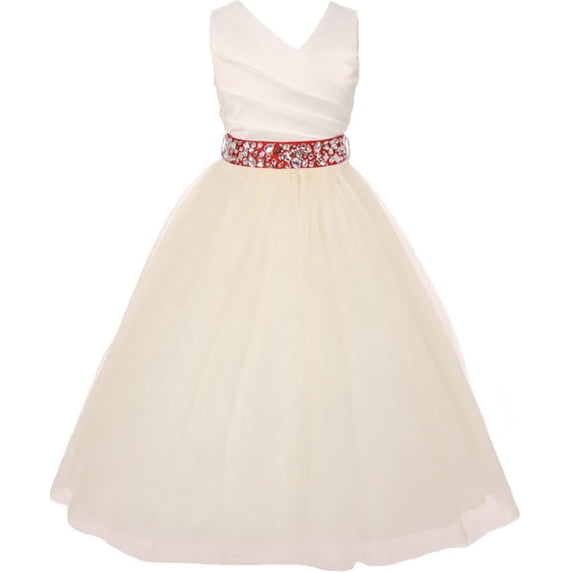 Elegant V Neck Rhinestone Belt Big Girl Flower Girls Dresses Ivory Red 10