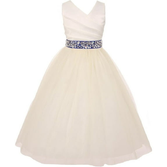 Elegant V Neck Rhinestone Belt Big Girl Flower Girls Dresses Ivory Royal 8