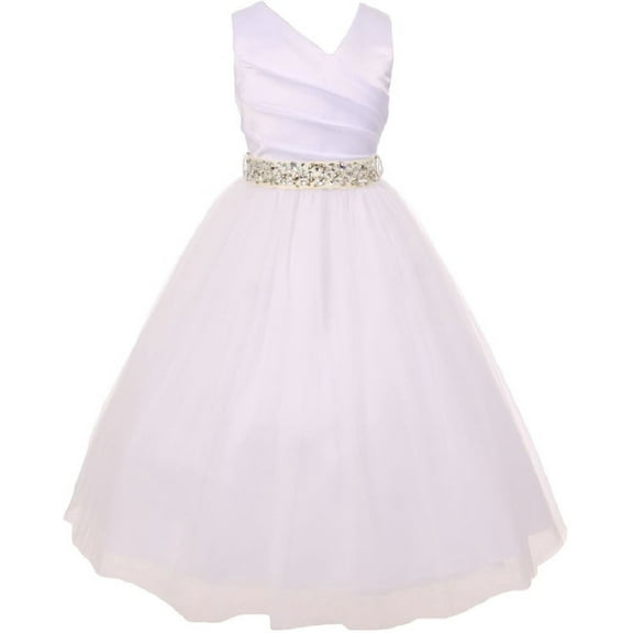 Elegant V Neck Rhinestone Belt Big Girl Flower Girls Dresses White Ivory 14