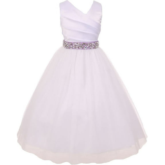 Elegant V Neck Rhinestone Belt Big Girl Flower Girls Dresses White Lilac 12