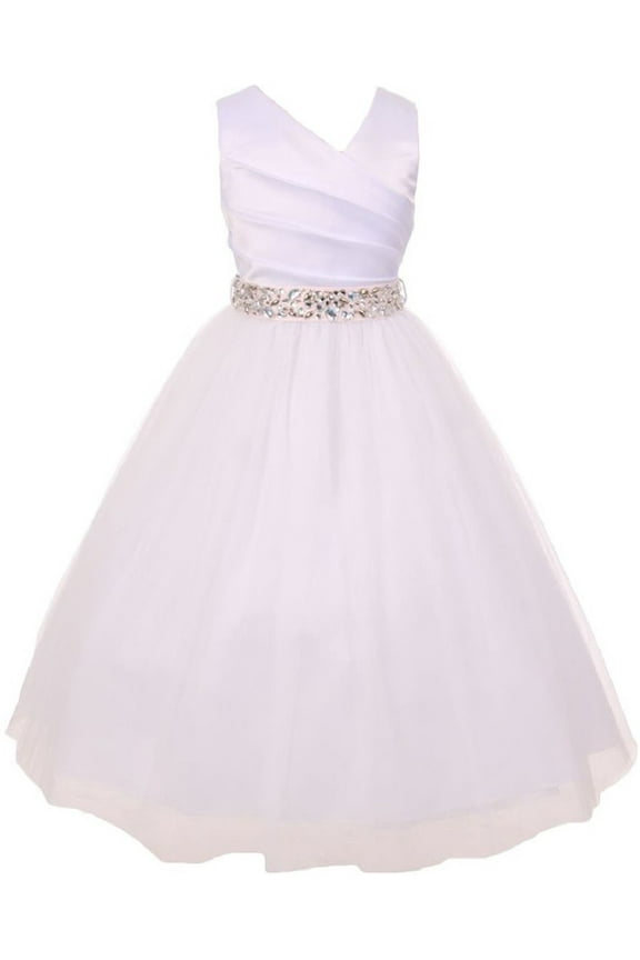Elegant V Neck Rhinestone Belt Big Girl Flower Girls Dresses White Pink 14