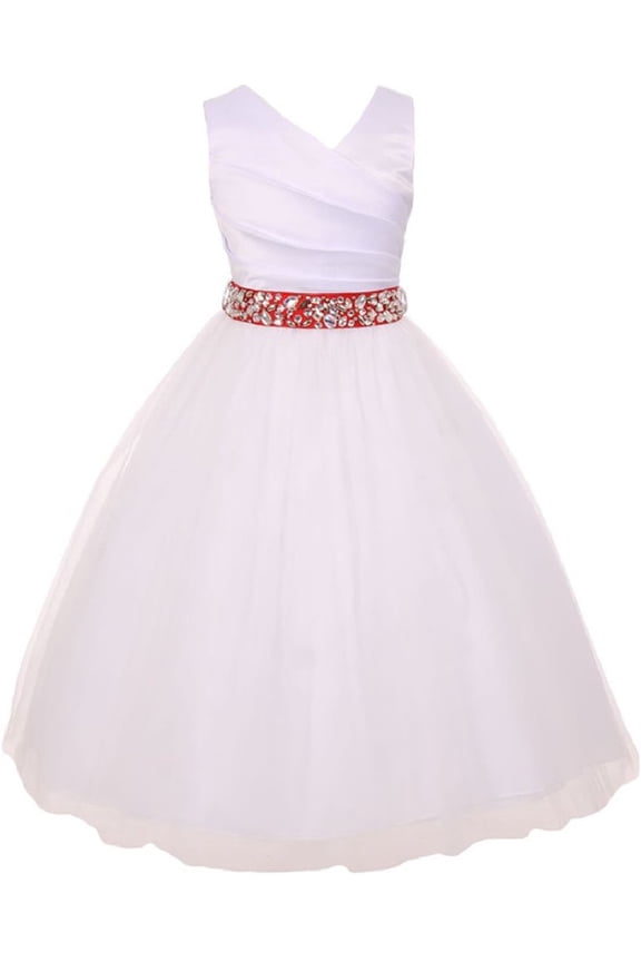 Elegant V Neck Rhinestone Belt Big Girl Flower Girls Dresses White Red 14