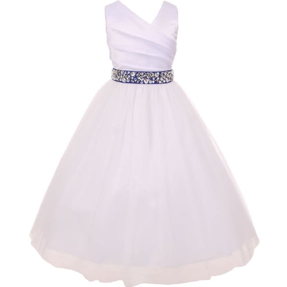 Elegant V Neck Rhinestone Belt Big Girl Flower Girls Dresses White Royal 10