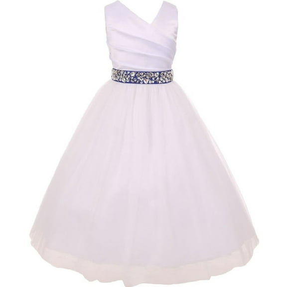 Elegant V Neck Rhinestone Belt Big Girl Flower Girls Dresses White Royal 14