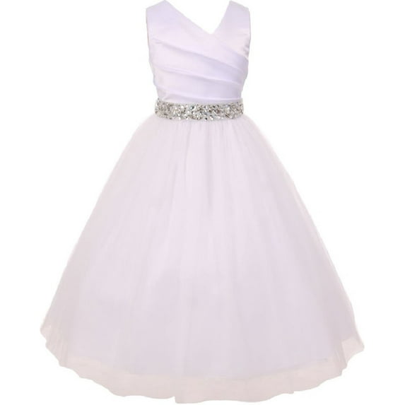 Elegant V Neck Rhinestone Belt Big Girl Flower Girls Dresses White Silver 10