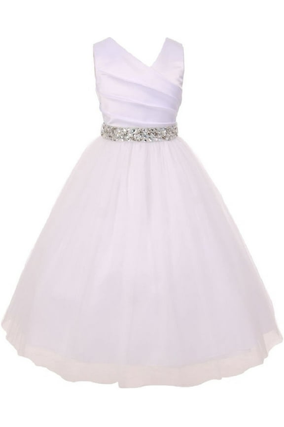 Elegant V Neck Rhinestone Belt Big Girl Flower Girls Dresses White Silver 8