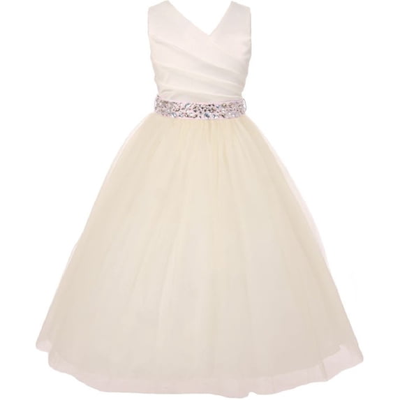 Elegant V Neck Rhinestone Belt Little Girl Flower Girls Dresses Ivory Pink 6