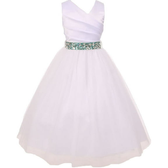 Elegant V Neck Rhinestone Belt Little Girl Flower Girls Dresses White Jade 6