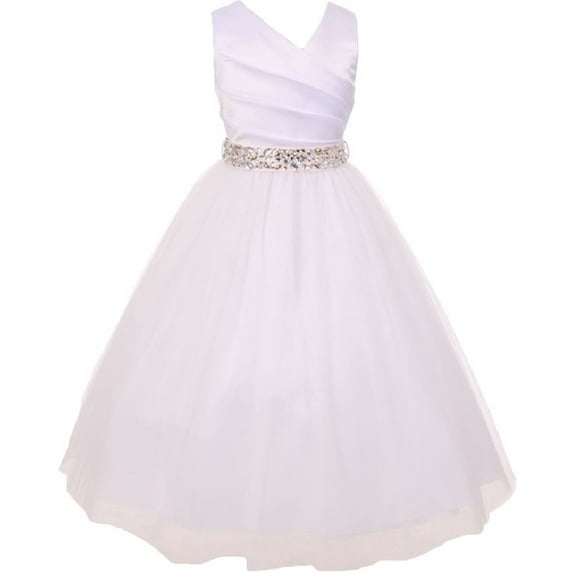 Elegant V Neck Rhinestone Belt Little Girl Flower Girls Dresses White Pink 2