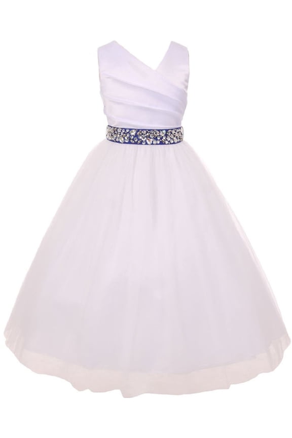Elegant V Neck Rhinestone Belt Little Girl Flower Girls Dresses White Royal 6